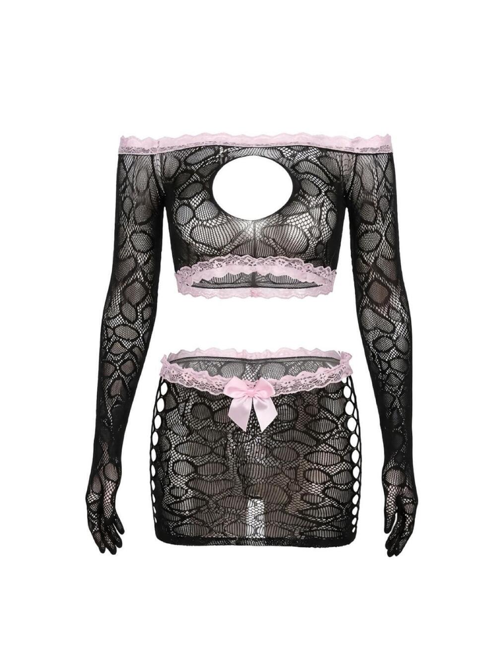 Black & Pink Fishnet Crop Top &Mini Skirt Set